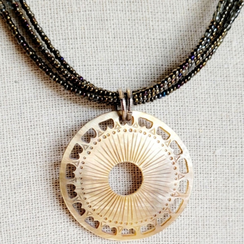 Coldwater Creek, Carved Mother of Pearl Pendant, Multi-Strand Bead Necklace, New